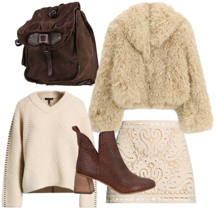 Outfit donna - Weekend in montagna. Stile Minimal per Tutti i giorni. Abbinamento con minigonne, stivaletti, pullovers, zaini, ecopellicce.