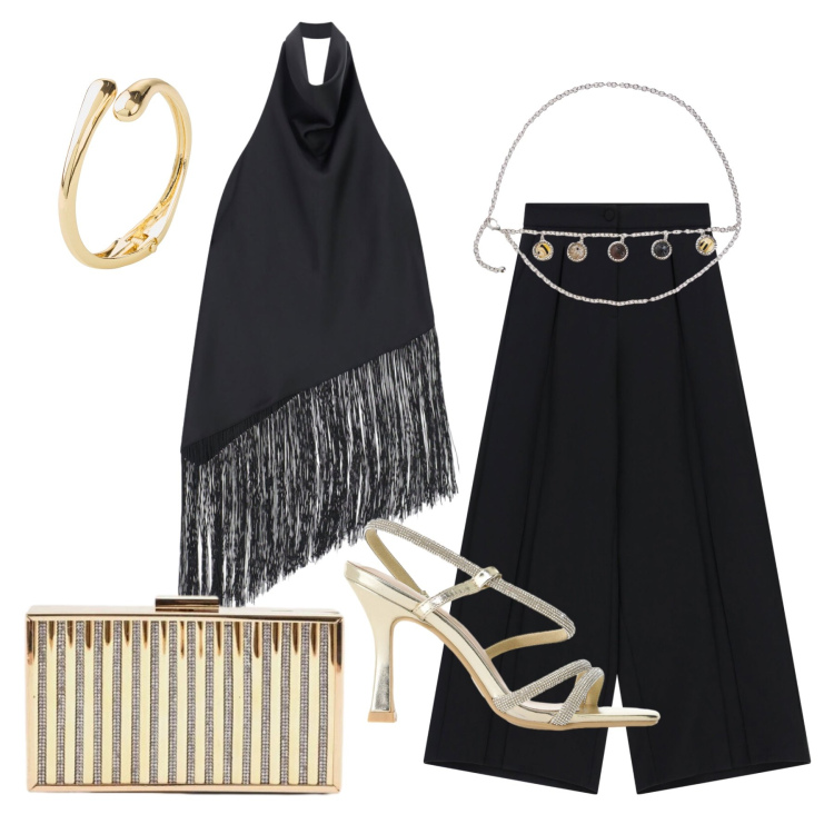 Outfit donna - Agosto. Stile Glamour per Serata fuori. Abbinamento con braccialetti, cinture, top, pantaloni a palazzo, sandali col tacco, clutch.