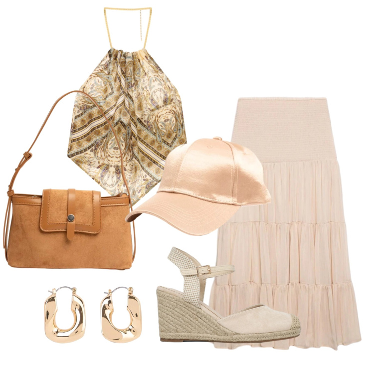 Outfit donna - Agosto. Stile Trendy per Tutti i giorni. Abbinamento con orecchini, top, gonne lunghe, zeppe, borse a tracolla, cappelli con visiera.