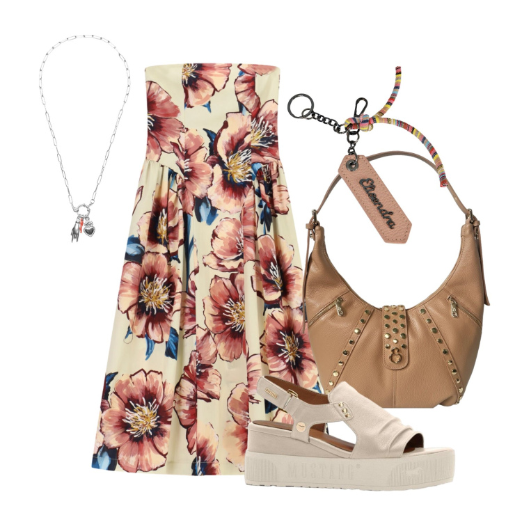 Outfit donna - Agosto. Stile Romantica per Tutti i giorni. Abbinamento con sandali, vestiti midi/longuette, ciondoli, borse a spalla, portachiavi.