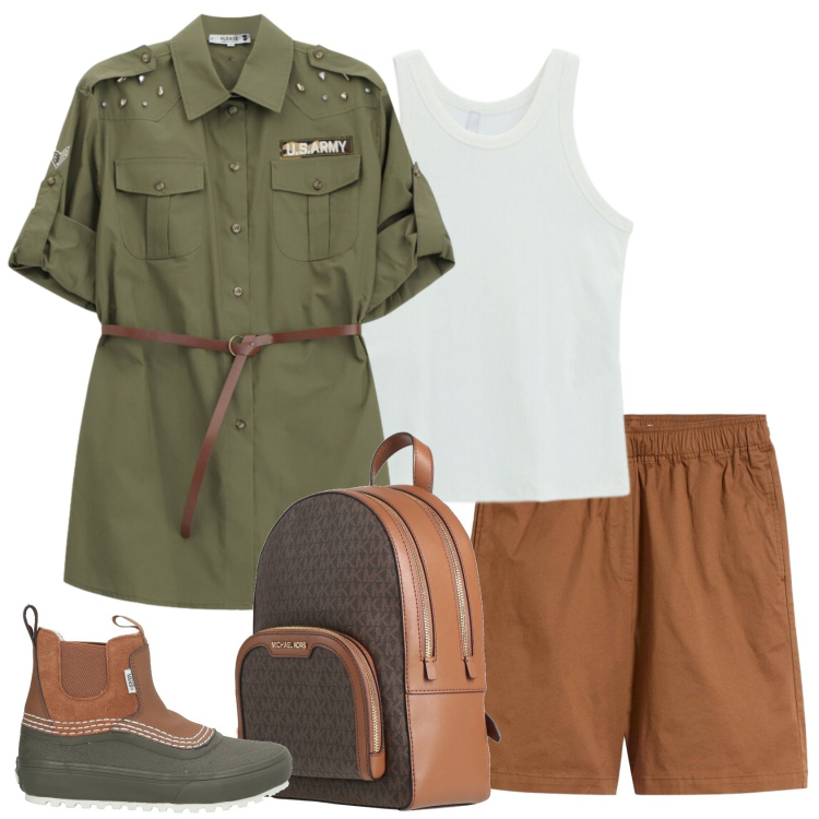 Outfit donna - Su pascoli erbosi. Stile Casual per Tutti i giorni. Abbinamento con zaini, stivaletti, shorts, camicie, canottiere.