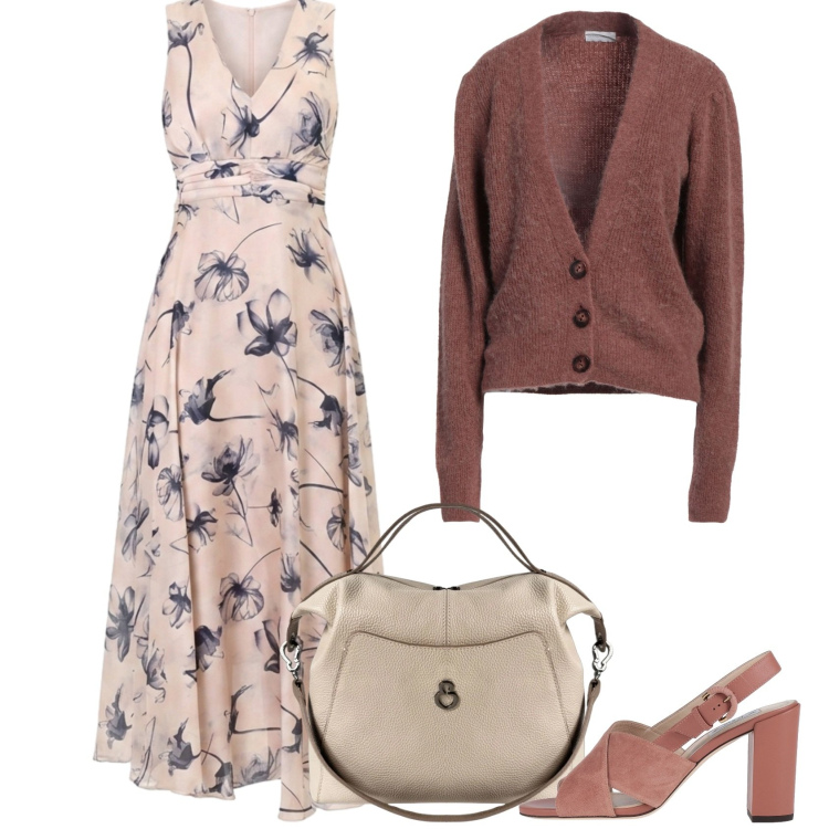Outfit donna - Una serata fresca. Stile Casual chic per Serata fuori. Abbinamento con sandali in pelle, cardigans, vestiti lunghi, borse a mano.