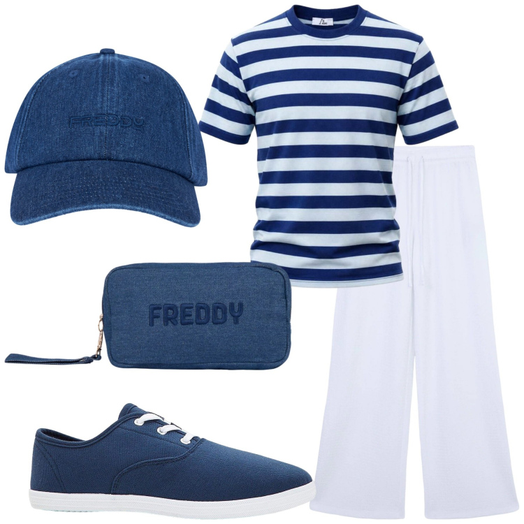 Outfit donna - Orizzonti Nautici. Stile Sporty chic per Tutti i giorni. Abbinamento con sneakers, pantaloni, t-shirt, cappelli con visiera, pochette, portachiavi.