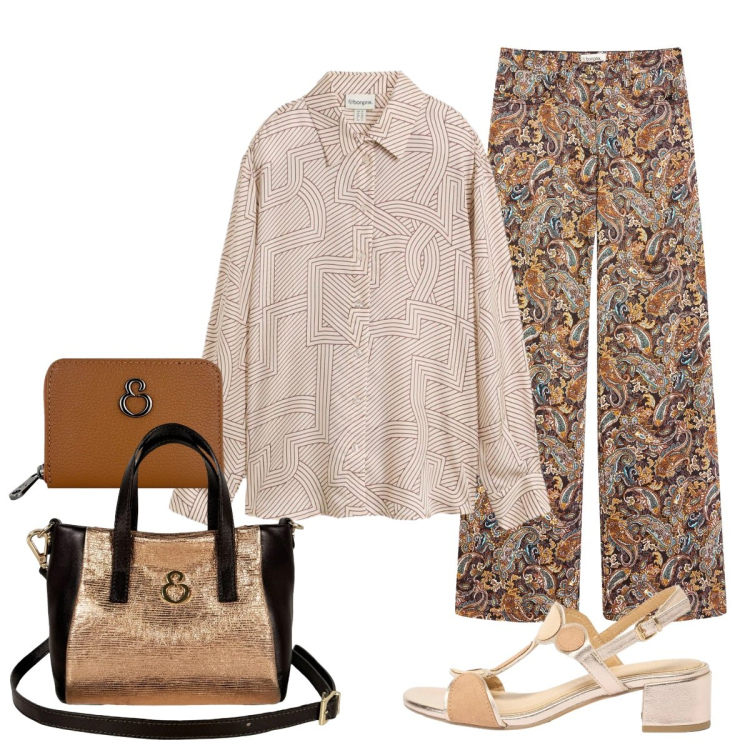 Outfit donna - Look elegante per una cena vista mare. Stile Minimal per Serata fuori. Abbinamento con pantaloni, camicie, sandali col tacco, borse a mano, portafogli.