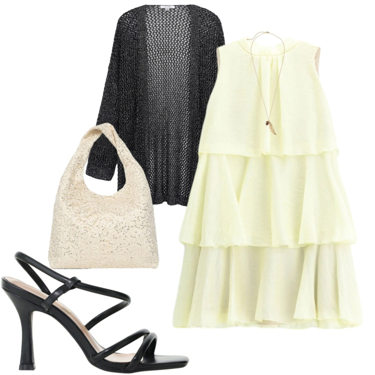 Outfit donna - Ultimi giorni d\'estate. Stile Casual chic per Tutti i giorni. Abbinamento con collane, sandali col tacco, borse a spalla, kimono, vestiti corti.