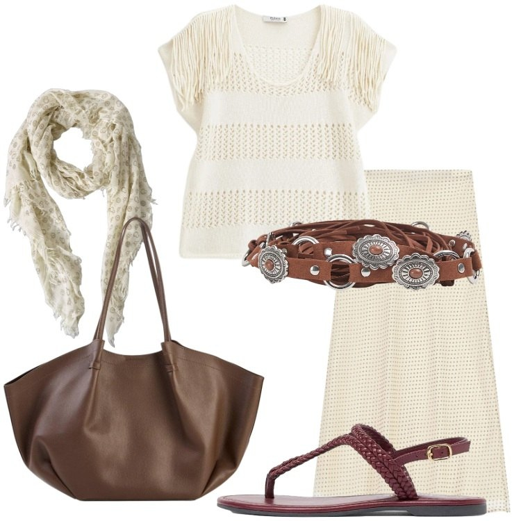 Outfit donna - Vacanze boho al mare - @milena_263004. Stile Boho per Mare. Abbinamento con shopping bag, ciabatte, cinture, top, gonne lunghe, sciarpe.