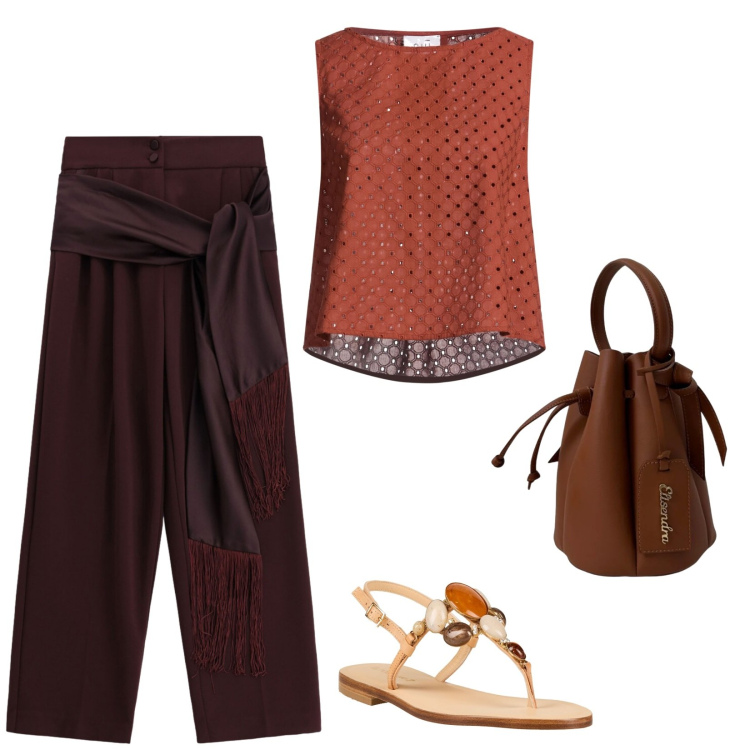 Outfit donna - Cene d\'agosto. per Serata fuori. Abbinamento con top, infradito, pantaloni a palazzo, borse a secchiello.