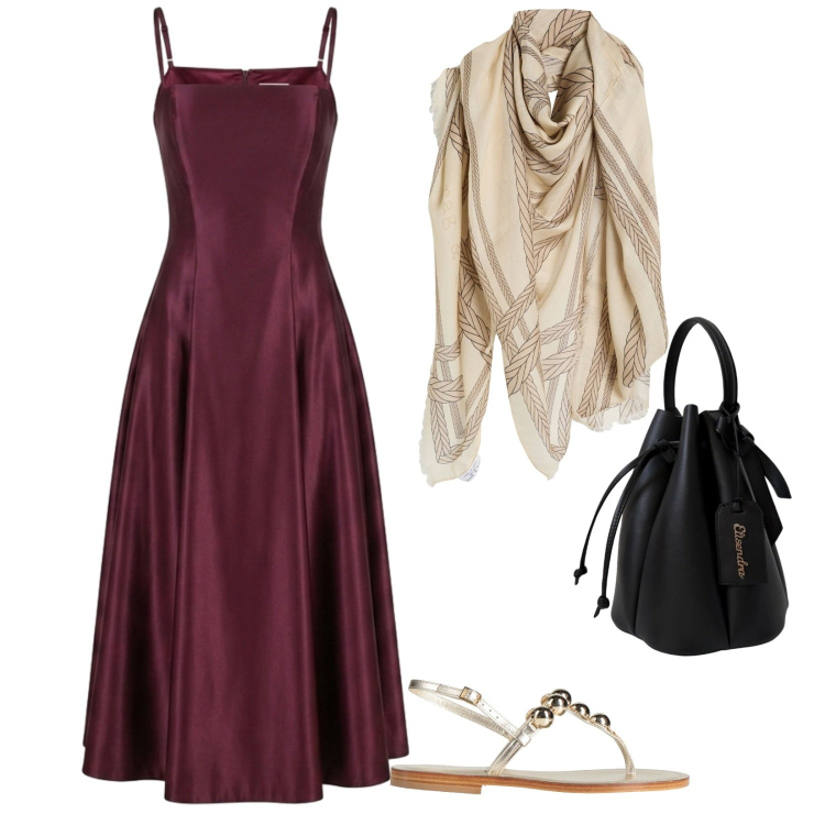Outfit donna - Eleganza al mare. per Serata fuori. Abbinamento con sciarpe, infradito, vestiti midi/longuette, borse a secchiello.