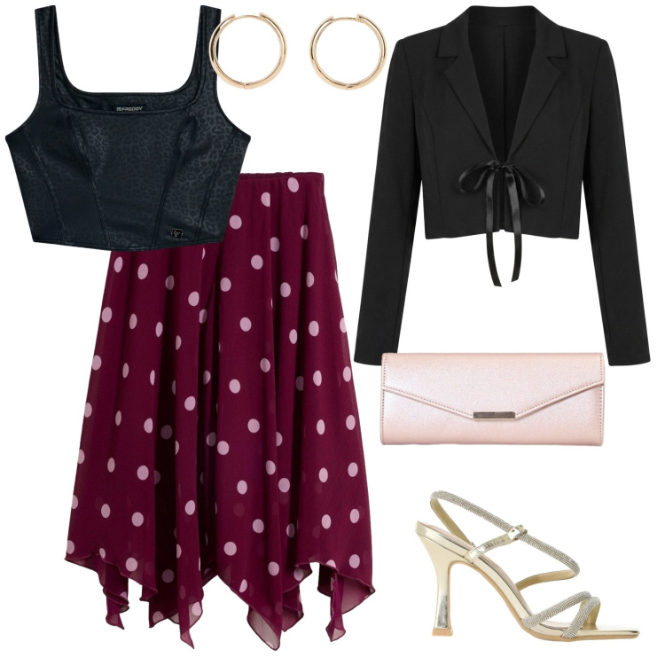 Outfit donna - Cena elegante. per Serata fuori. Abbinamento con orecchini, gonne longuette, sandali col tacco, clutch, top, bolero.