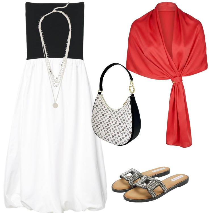 Outfit donna - Serata al mare. per Serata fuori. Abbinamento con collane, vestiti midi/longuette, ciabatte, stole, borse a spalla.