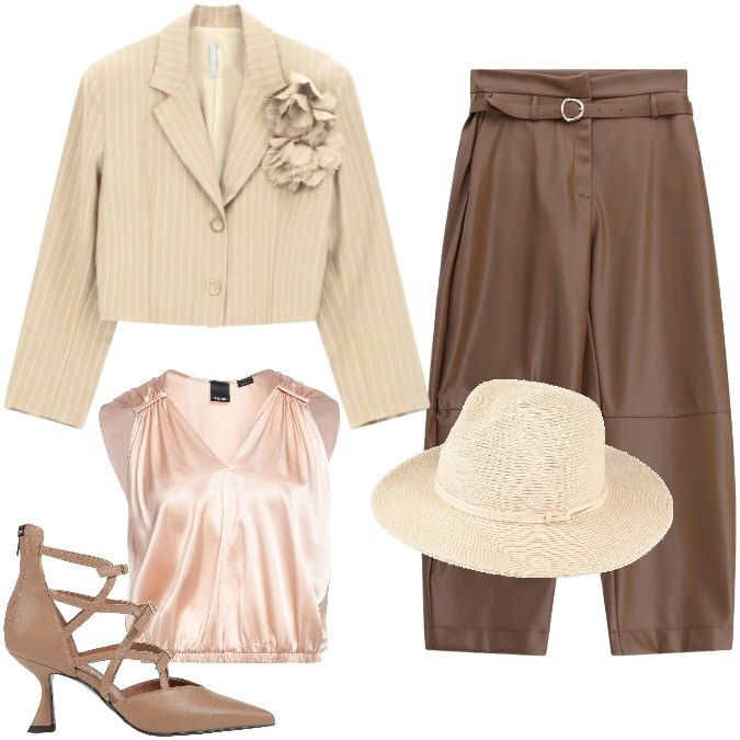 Outfit donna - Ufficio - Aperitivo - Eventi. Stile Casual chic per Ufficio. Abbinamento con top, décolleté, cappelli, blazer, pantaloni.