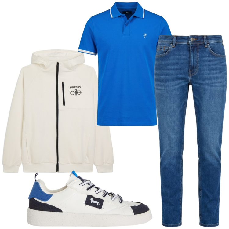 Outfit uomo - Total look #2454656. Stile Casual per Tutti i giorni. Abbinamento con sneakers, jeans, polo, felpe con cappuccio.