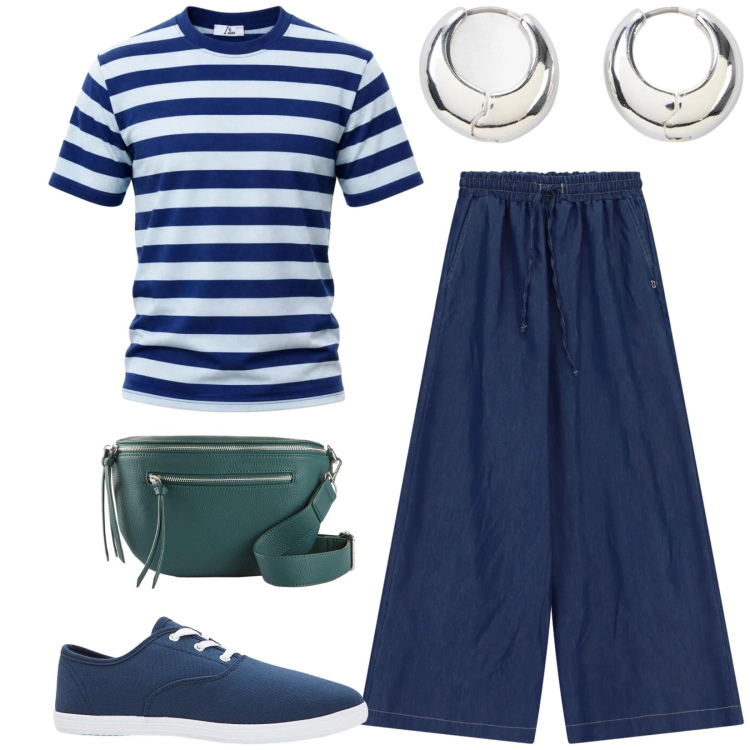 Outfit donna - Total look #2454657. Stile Casual per Tutti i giorni. Abbinamento con sneakers, marsupi, orecchini, t-shirt, pantaloni a palazzo.