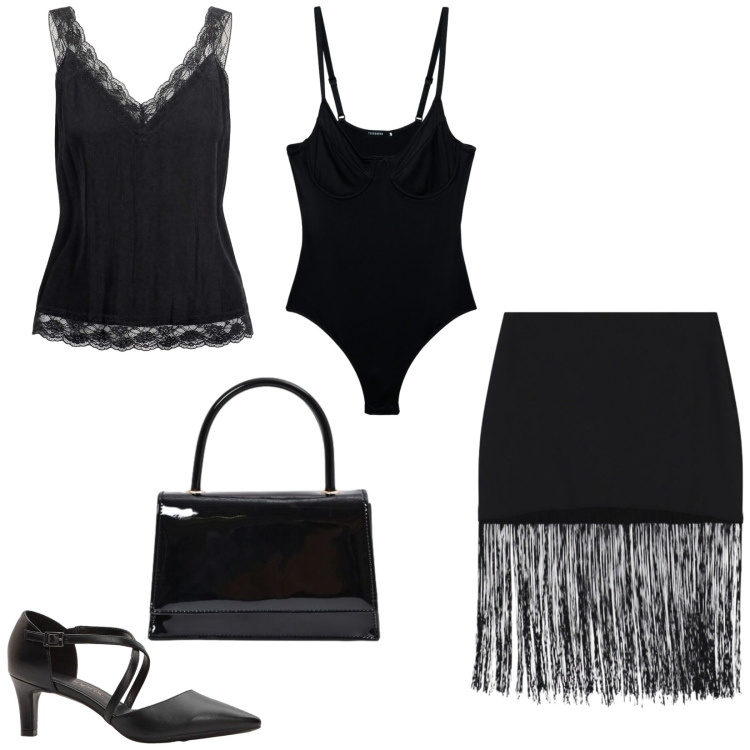 Outfit donna - Total look #2454660. Stile Glamour per Serata fuori. Abbinamento con décolleté, minigonne, body, canottiere, borse a mano.