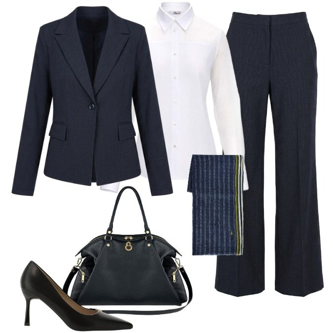 Outfit donna - Formale elegante - Business. Stile Chic per Ufficio. Abbinamento con camicie, sciarpe, décolleté, pantaloni, blazer, shopping bag.