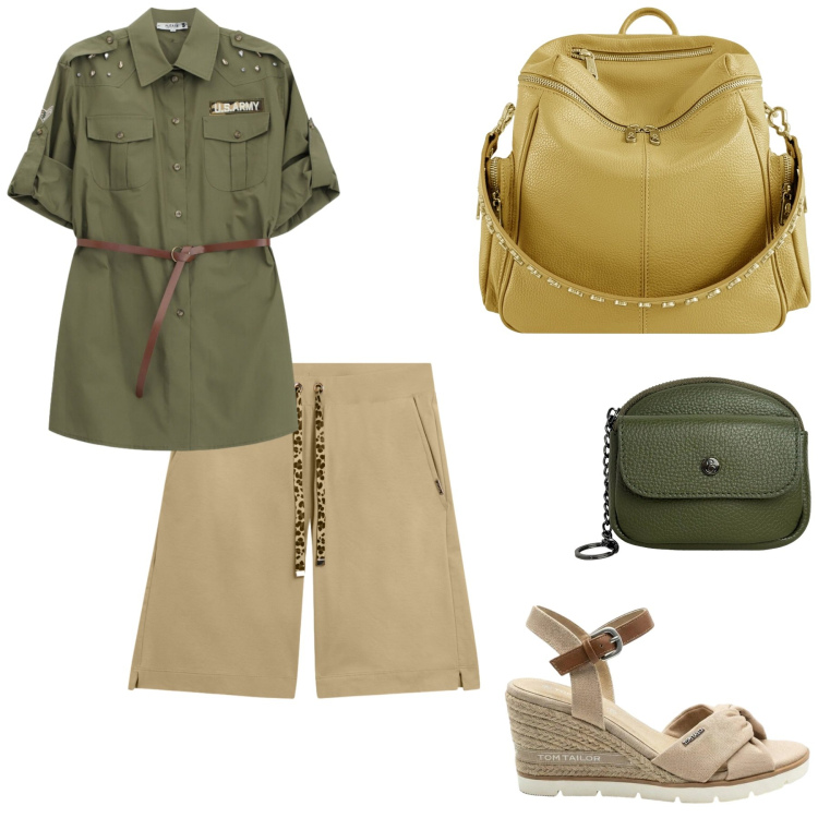 Outfit donna - Safari & Jungle. Stile Trendy per Tutti i giorni. Abbinamento con sandali col tacco, camicie, bermuda, portachiavi, zaini.