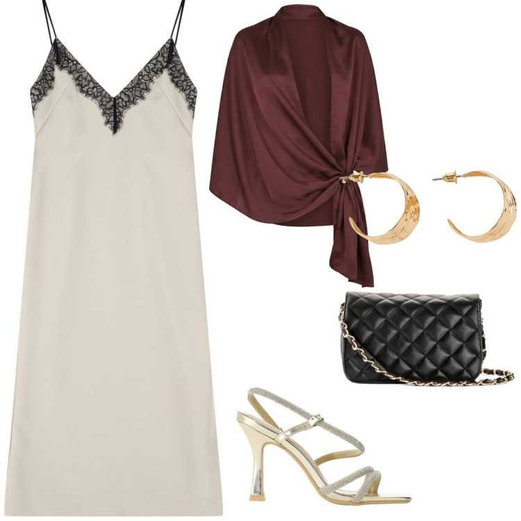 Outfit donna - Cena estiva. per Serata fuori. Abbinamento con orecchini, borse a tracolla, vestiti midi/longuette, sandali col tacco, stole.