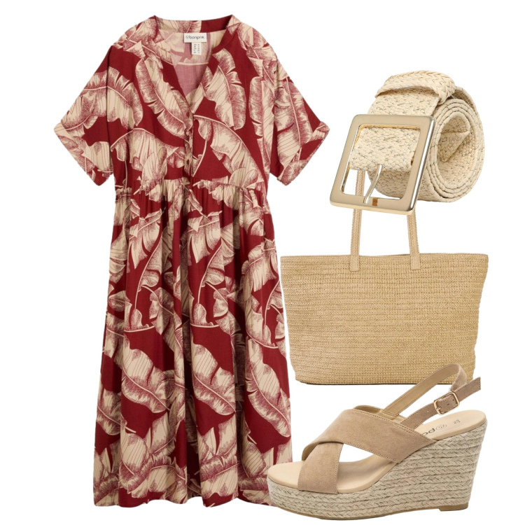 Outfit donna - Naturale in vacanza - Focus Donna Curvy. Stile Bon Ton per Tutti i giorni. Abbinamento con caftani, shopping bag, sandali col tacco, cinture.