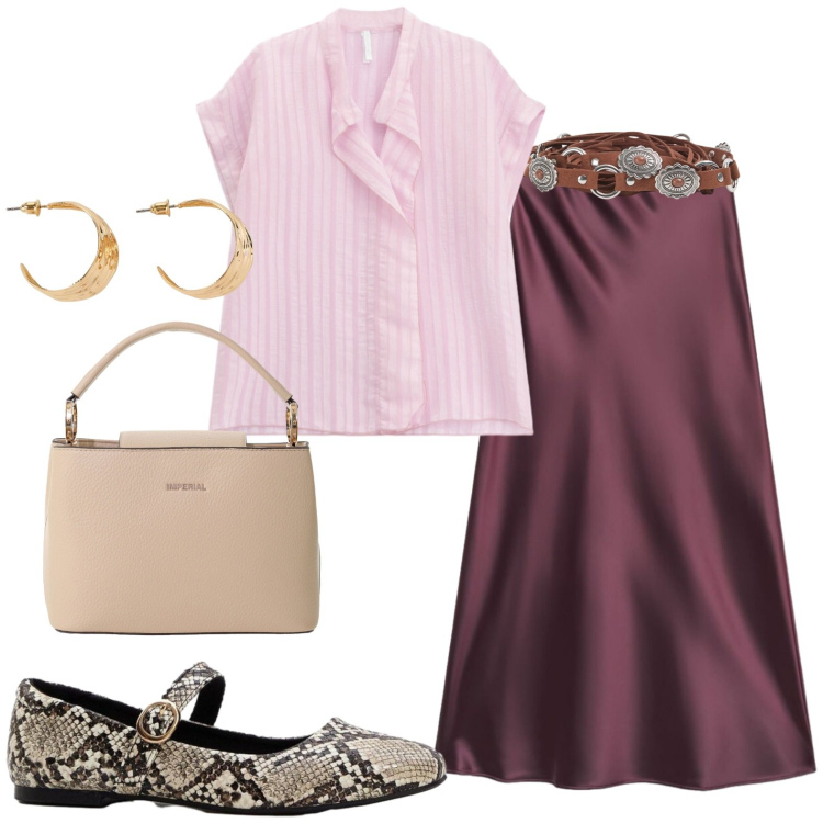 Outfit donna - Comoda. Stile Casual chic per Tutti i giorni. Abbinamento con ballerine, orecchini, cinture, gonne lunghe, borse a secchiello, bluse.