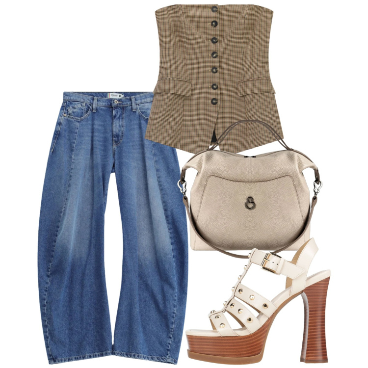 Outfit donna - Originalissima. Stile Casual chic per Tutti i giorni. Abbinamento con sandali in pelle, top, jeans, borse a mano.