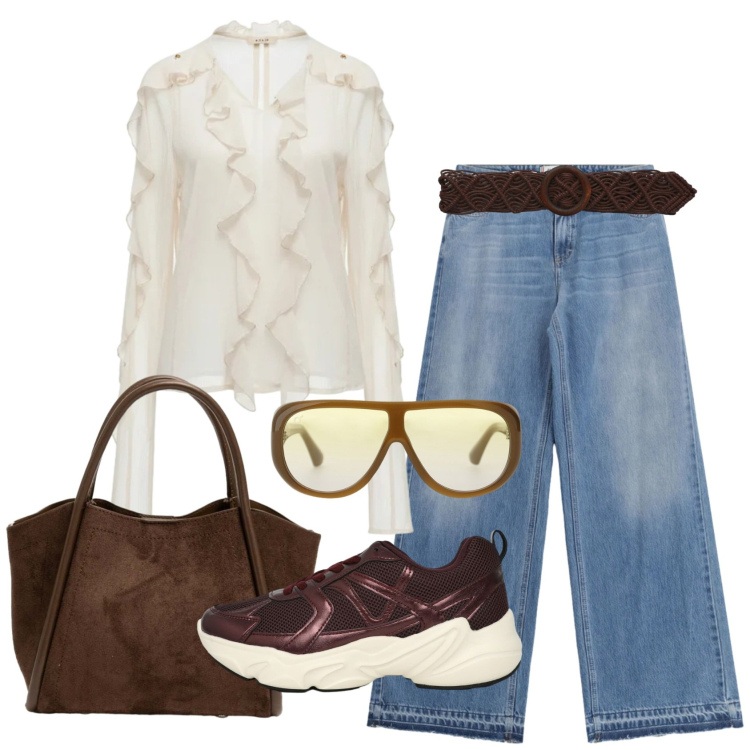 Outfit donna - Total look #2454687. Stile Urban per Scuola/Università. Abbinamento con sneakers, cinture, occhiali da sole, jeans, bluse, borse a spalla.