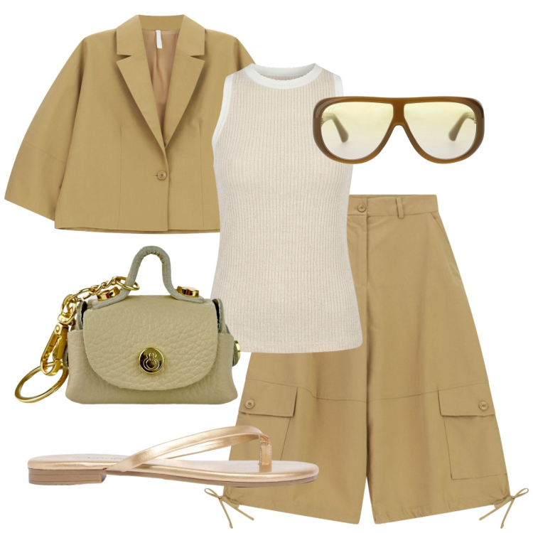 Outfit donna - Total look #2454691. Stile Trendy per Cerimonia. Abbinamento con sandali, pantaloni a palazzo, occhiali da sole, blazer, canottiere, portachiavi.