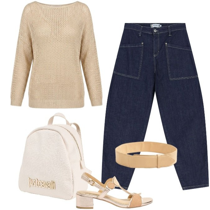 Outfit donna - Tempo libero / lavoro. Stile Casual chic per Tutti i giorni. Abbinamento con zaini, sandali col tacco, jeans, cinture, maglieria.