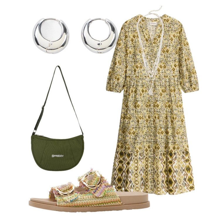 Outfit donna - Cena vista mare serata romantica. Stile Boho per Serata fuori. Abbinamento con collane, ciabatte, orecchini, vestiti midi/longuette, borse a spalla.