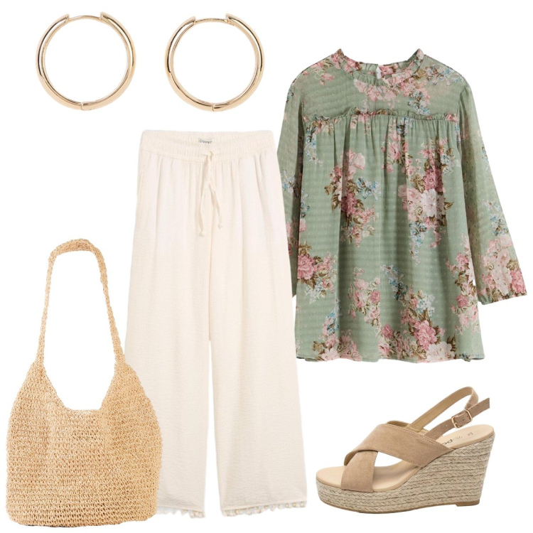 Outfit donna - Bonprix per la mia serata. Stile Boho per Serata fuori. Abbinamento con tuniche, pantaloni, shopping bag, orecchini, sandali col tacco.