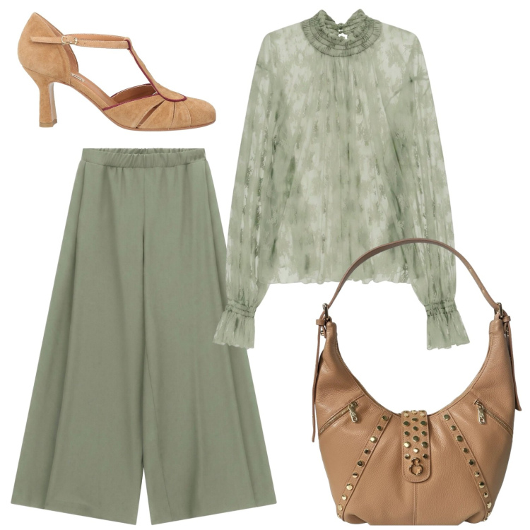 Outfit donna - Oggi in verde salvia!. Stile Casual chic per Tutti i giorni. Abbinamento con décolleté, bluse, pantaloni a palazzo, borse a spalla.
