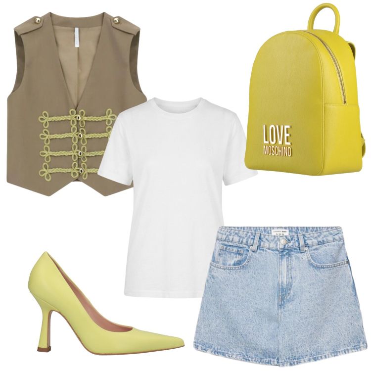 Outfit donna - Dettagli gialli. Stile Casual chic per Tutti i giorni. Abbinamento con décolleté, zaini, shorts, t-shirt, gilet.