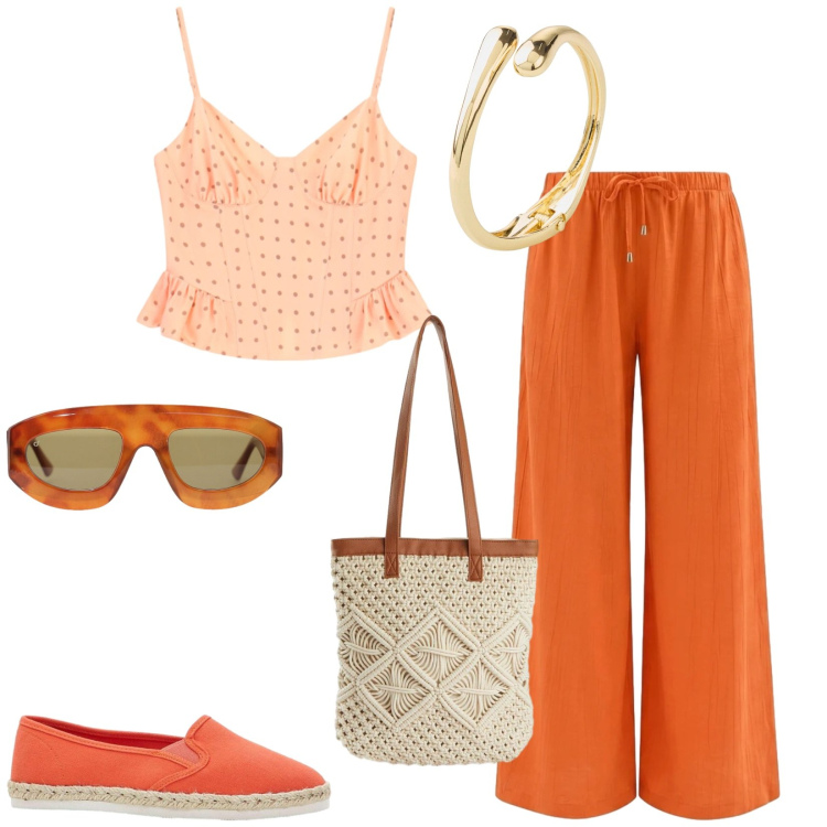 Outfit donna - Total look #2454727. Stile Casual per Tutti i giorni. Abbinamento con braccialetti, espadrillas, shopping bag, occhiali da sole, top, pantaloni a palazzo.