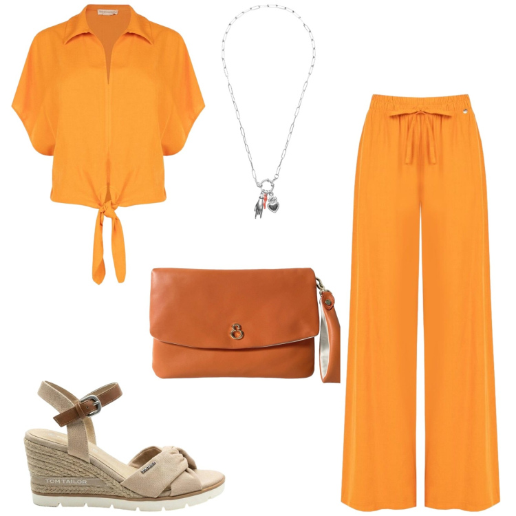 Outfit donna - Total look #2454730. Stile Casual per Tutti i giorni. Abbinamento con sandali col tacco, camicie a manica corta, pantaloni a palazzo, ciondoli, pochette.
