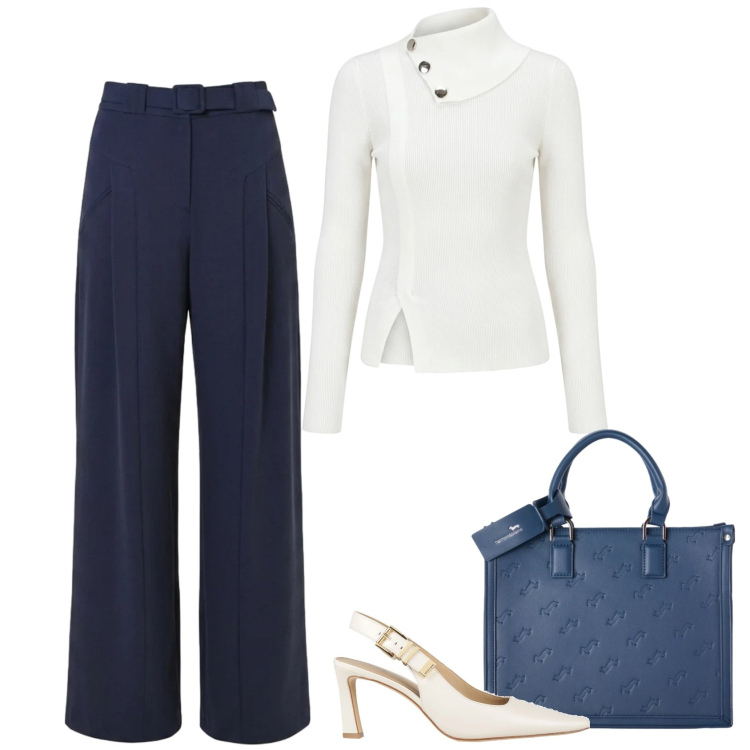 Outfit donna - Agosto per chi lavora. Stile Basic per Ufficio. Abbinamento con décolleté, borse a mano, pantaloni a palazzo, pullovers.