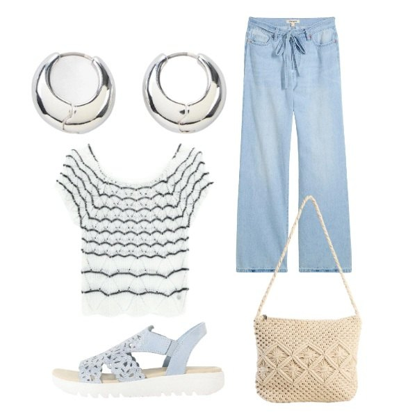 Outfit donna - Total look #2454733. Stile Casual per Tutti i giorni. Abbinamento con jeans, sandali col tacco, orecchini, borse a tracolla, canottiere.