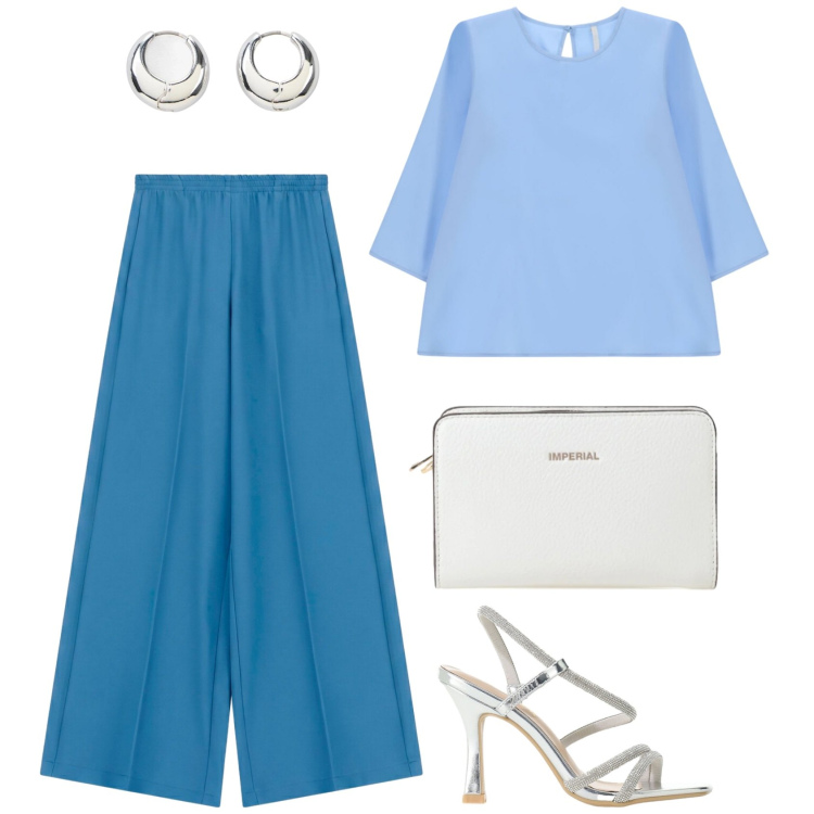 Outfit donna - Total look #2454735. Stile Casual chic per Serata fuori. Abbinamento con orecchini, pantaloni a palazzo, borse a tracolla, sandali col tacco, t-shirt.