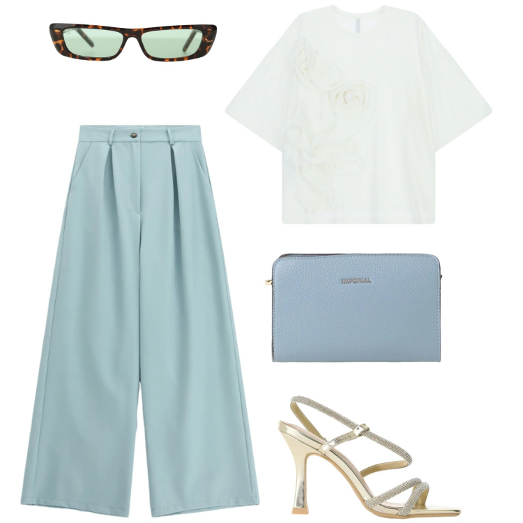 Outfit donna - Total look #2454736. Stile Casual chic per Tutti i giorni. Abbinamento con occhiali da sole, pantaloni a palazzo, t-shirt, borse a tracolla, sandali col tacco.