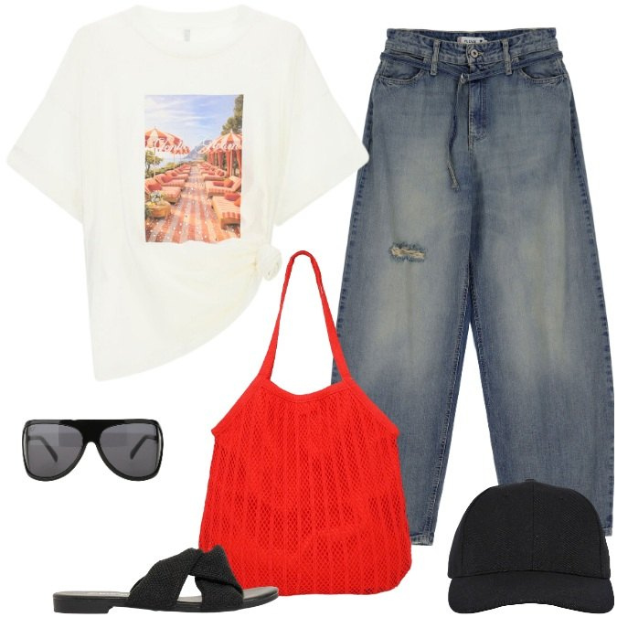 Outfit donna - Total look #2454737. Stile Urban per Tutti i giorni. Abbinamento con sandali, occhiali da sole, t-shirt, cappelli con visiera, shopping bag, jeans.