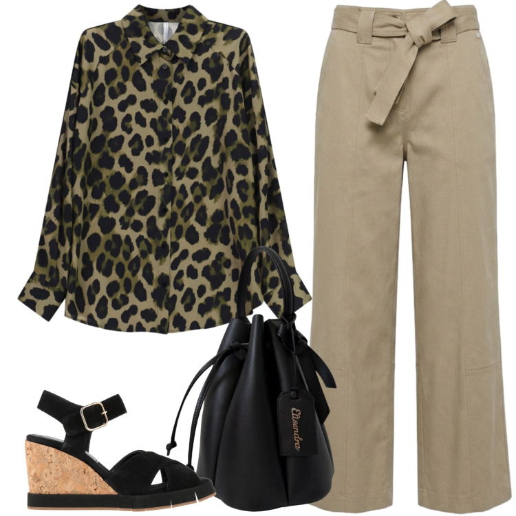 Outfit donna - Fiera. Stile Casual per Tutti i giorni. Abbinamento con sandali in pelle, pantaloni, camicie, borse a secchiello.