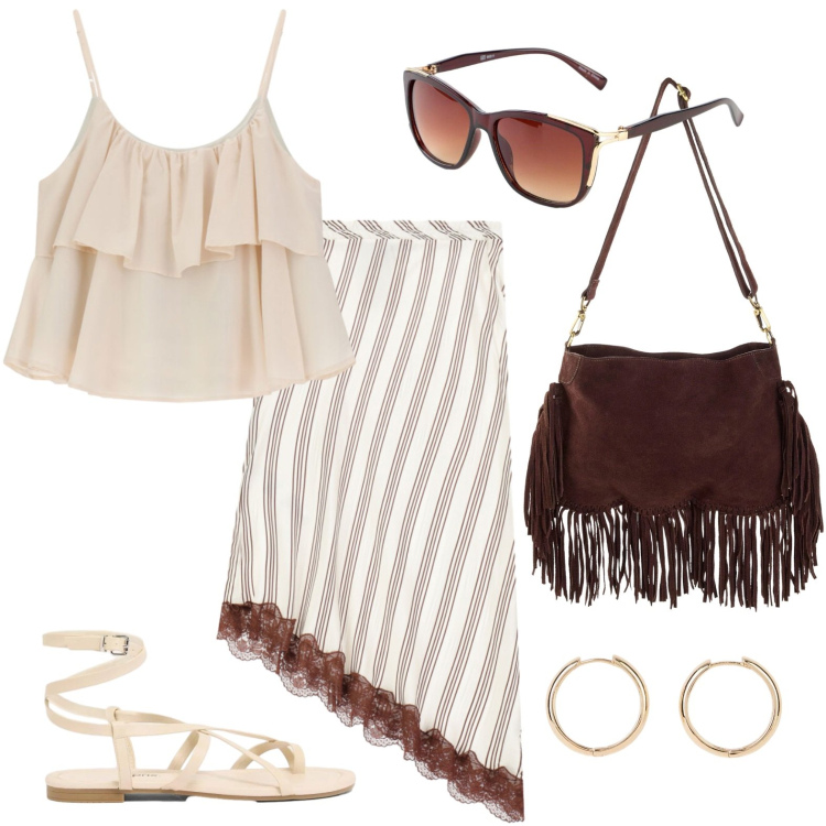 Outfit donna - Righe su tessuto impalpabile. Stile Casual chic per Tutti i giorni. Abbinamento con borse a tracolla, orecchini, occhiali da sole, sandali, gonne longuette, top.
