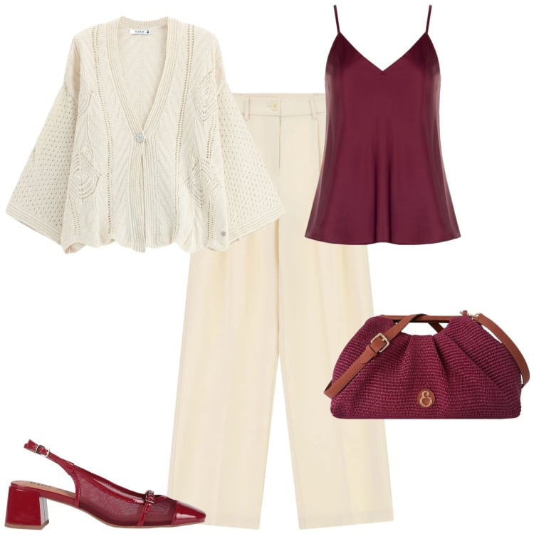 Outfit donna - Casual chic ufficio tempo libero. Stile Casual chic per Tutti i giorni. Abbinamento con décolleté, cardigans, pantaloni a palazzo, clutch, top.
