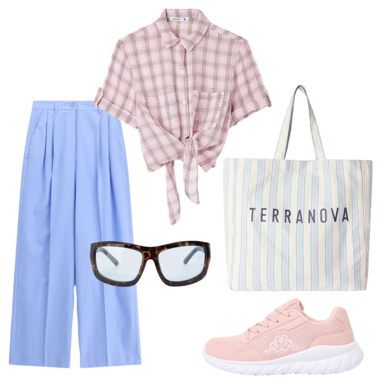 Outfit donna - R e l a x !!. Stile Casual per Tutti i giorni. Abbinamento con sneakers, camicie a manica corta, shopping bag, occhiali da sole, pantaloni a palazzo.