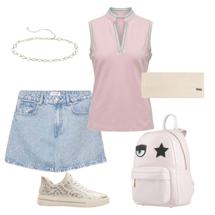 Outfit donna - Passeggiata spensierata. Stile Basic per Tutti i giorni. Abbinamento con zaini, sneakers, cinture, shorts, polo, accessori per capelli.