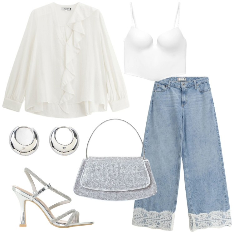 Outfit donna - Total look #2454747. Stile Casual chic per Serata fuori. Abbinamento con orecchini, sandali col tacco, reggiseni, borse a spalla, jeans, bluse.