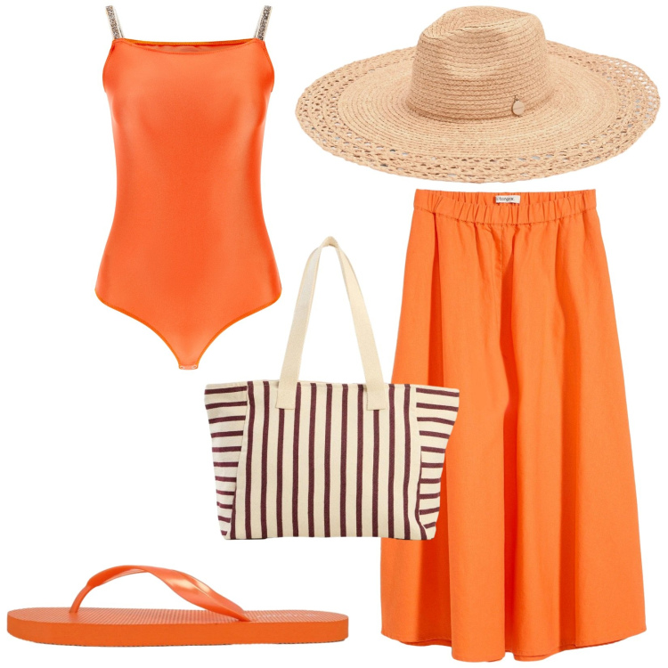 Outfit donna - Total look #2454748. Stile Casual per Mare. Abbinamento con gonne longuette, shopping bag, infradito, cappelli, top.