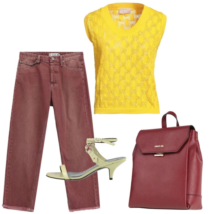 Outfit donna - Giallo sole. Stile Casual chic per Ufficio. Abbinamento con pullovers, sandali in pelle, zaini, jeans dritti.