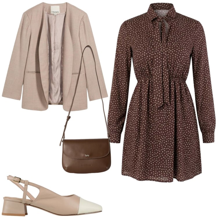 Outfit donna - Chic ufficio tempo libero in città. Stile Casual chic per Tutti i giorni. Abbinamento con décolleté, blazer, vestiti corti, borse a tracolla.
