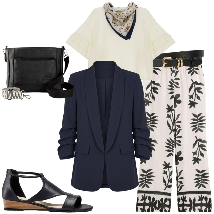 Outfit donna - Ufficio. Stile Casual chic per Ufficio. Abbinamento con sandali, borse a tracolla, cinture, pantaloni, top, blazer.