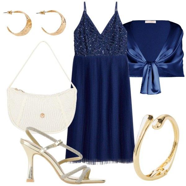 Outfit donna - Cena vista mare. Stile Glamour per Serata fuori. Abbinamento con braccialetti, vestiti midi/longuette, orecchini, sandali col tacco, stole, borse a mano.