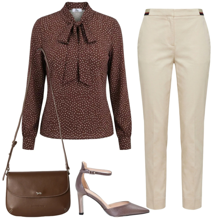 Outfit donna - Panna e cioccolato. Stile Casual chic per Serata fuori. Abbinamento con pantaloni chino, borse a tracolla, bluse, décolleté.